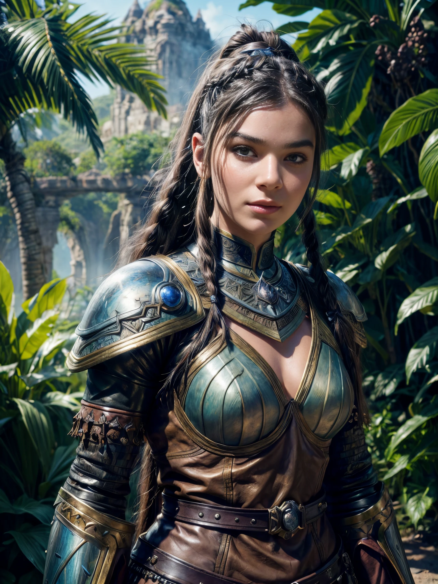 facing the camera, Fantasy shaman,Beautiful woman,Keep your hair in braids,Wear lavishly decorated leather armor,photoreal render,dungeons and dragons,fanciful,rendering by octane,zbrush。character design,realisticlying,unreal-engine,ultra - detailed,concept-art,trends in art station。 ((best quality)), ((masterpiece)), ((realistic)), (detailed), close up portrait, full-body portraits, hazel eyes, wearing leather armor, highly detailed skin and hair, looking at the viewer, Fantasy art,stunning gradient colors,No watermark signature,Closed mouth,detailed back ground,dense jungle,Closed mouth,extremely detaile,((tmasterpiece)),absurderes,HDR, front view,