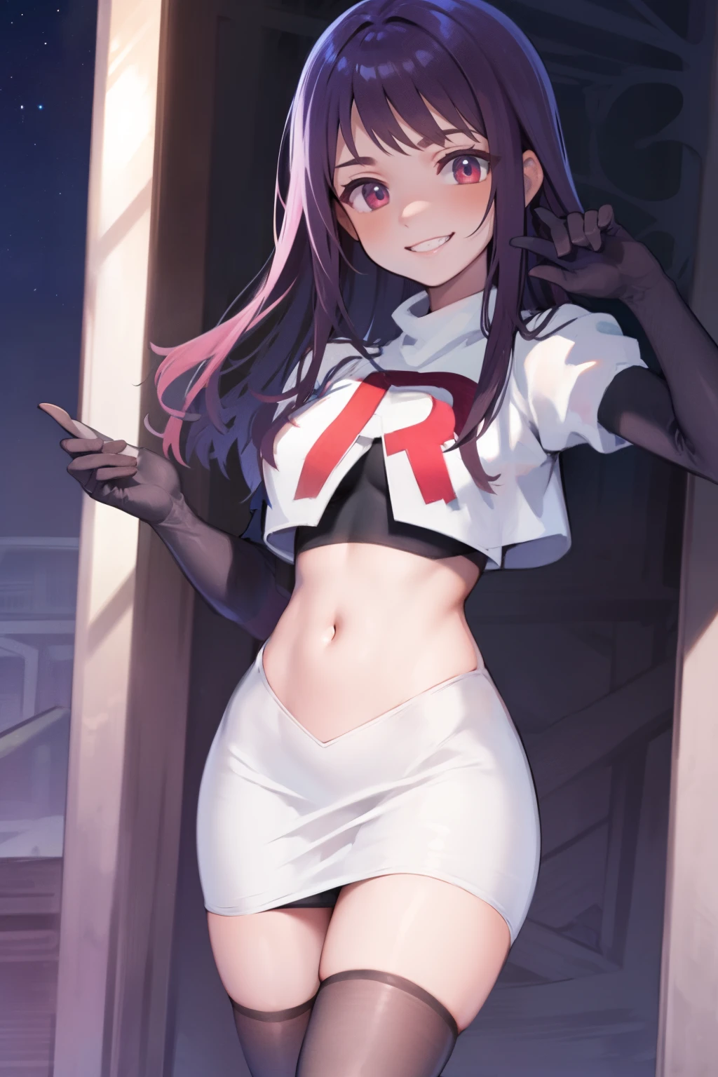 ivy fe team rocket uniform, red letter R, white skirt,white crop top,black thigh-highs,black elbow gloves, smile, show teeth, looking at viewer, cowboy shot, posing, night sky background