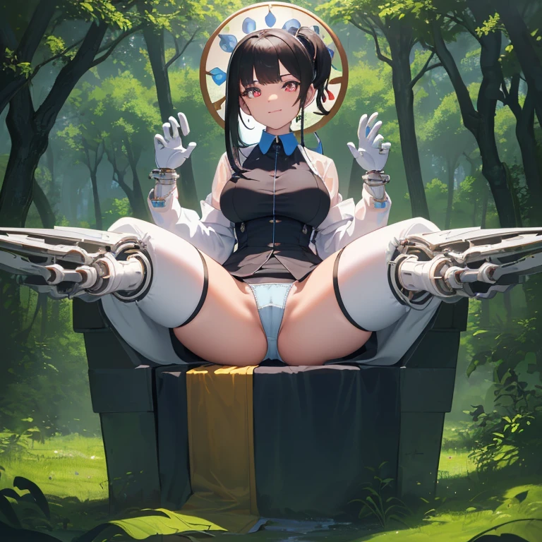 ((1 woman with transparent panties, white scientist coat)),((just a biomechanical brat)),((big breasts)),((in a forest)),((wet pussy, erect nipples)) ,((very large pubic hair)),((short black hair with a side ponytail, with very large bangs covering the face)),((one blue eye, one biomechanical red eye, with an evil smile)), ((set on a throne with open legs in the shape of an m, facing the viewer, in a forest)),