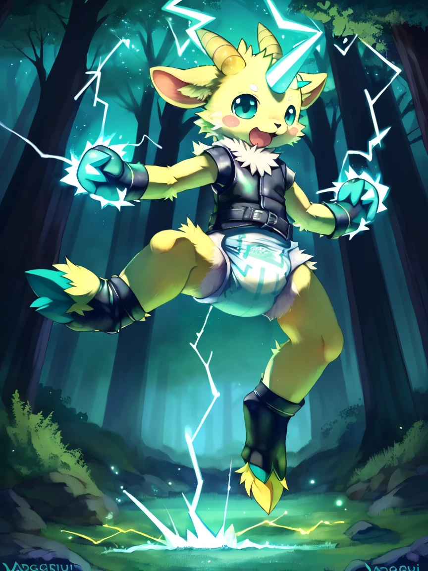 ((by wadorigi on Twitter)(Lamb)), pokemon, kid proportions, cute, adorable , thin thighs, hooves, upper limb hooves, yellow fur, horns with electricity, (teal and yellow electricity), teal lightnings on surroundings, wearing soggy messy padded diaper, wearing dark yellow vest, (leather padded fist mitts), tied arms with straps, kung fu pose, in forest