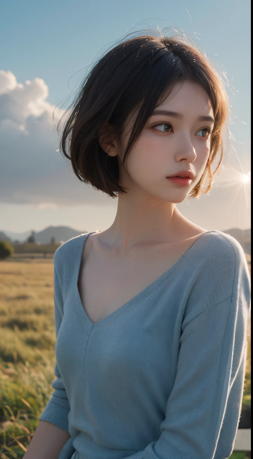 Best Quality,masutepiece,超A high resolution,Photorealistic,Raw photo,Unity 8k壁纸, in a panoramic view, Cinematic lighting,
on grassland, Sunset, Dappled sunlight, Golden Hour Lighting, backlit lighting, the background is blurred, (Lens Flare), Wind, Pastel colors, Soft light,
1girll,short flowing hair, Elegant, Upper body,