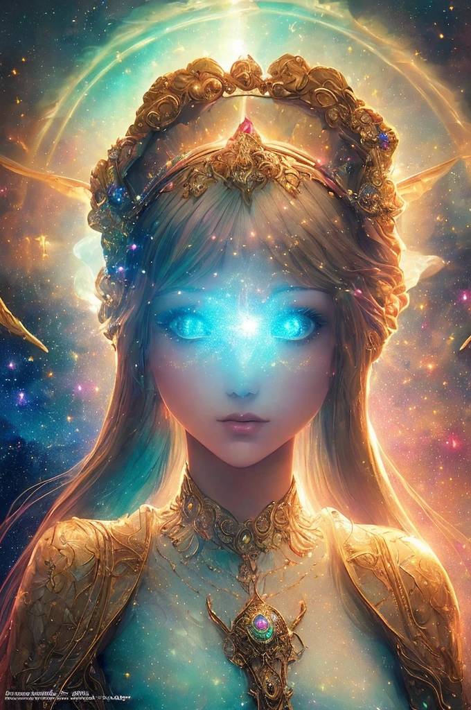 ((best quality)), ((masterpiece)), ((realistic)), portrait,
1girl, celestial, deity, goddess, light particles, halo, looking at viewer,
(bioluminescent:0.95), vibrant, colourful, color, (glowing, glow),
(beautiful composition), cinematic lighting, intricate, (symmetrical:0.5), whimsical,