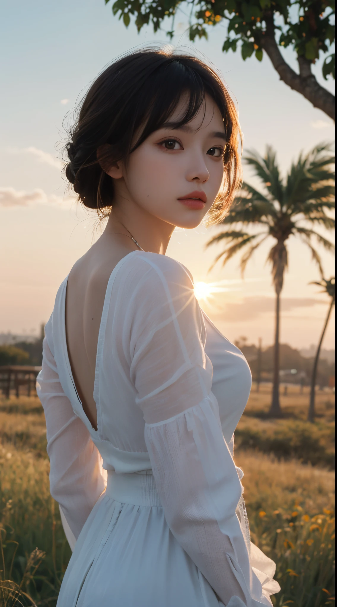 Best Quality,masutepiece,超A high resolution,Photorealistic,Raw photo,Unity 8k壁纸, in a panoramic view, Cinematic lighting,
on grassland, Sunset, Dappled sunlight, Golden Hour Lighting, Backlit lighting, the background is blurred, (Lens Flare), Wind, Pastel colors, Soft light,
1girll,short flowing hair, Elegant, Upper body,