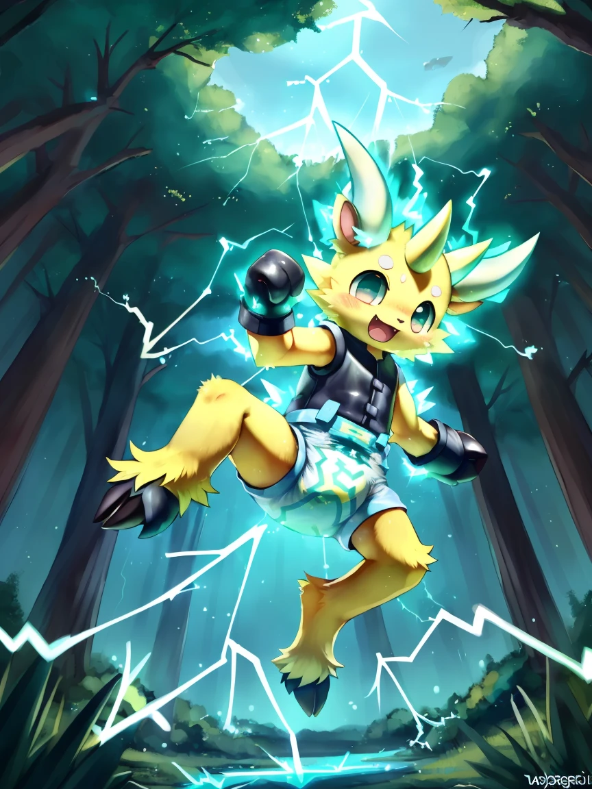 ((by wadorigi on Twitter)(Lamb)), pokemon, kid proportions, cute, adorable  , thin thighs, hooves,  upper limb hooves, yellow fur,  horns with electricity, (teal and yellow electricity), teal lightnings on surroundings, wearing soggy messy padded  diaper, wearing dark yellow vest, (leather padded  fist mitts), leather wrist cuffs, making Kung fu flying kick, in forest