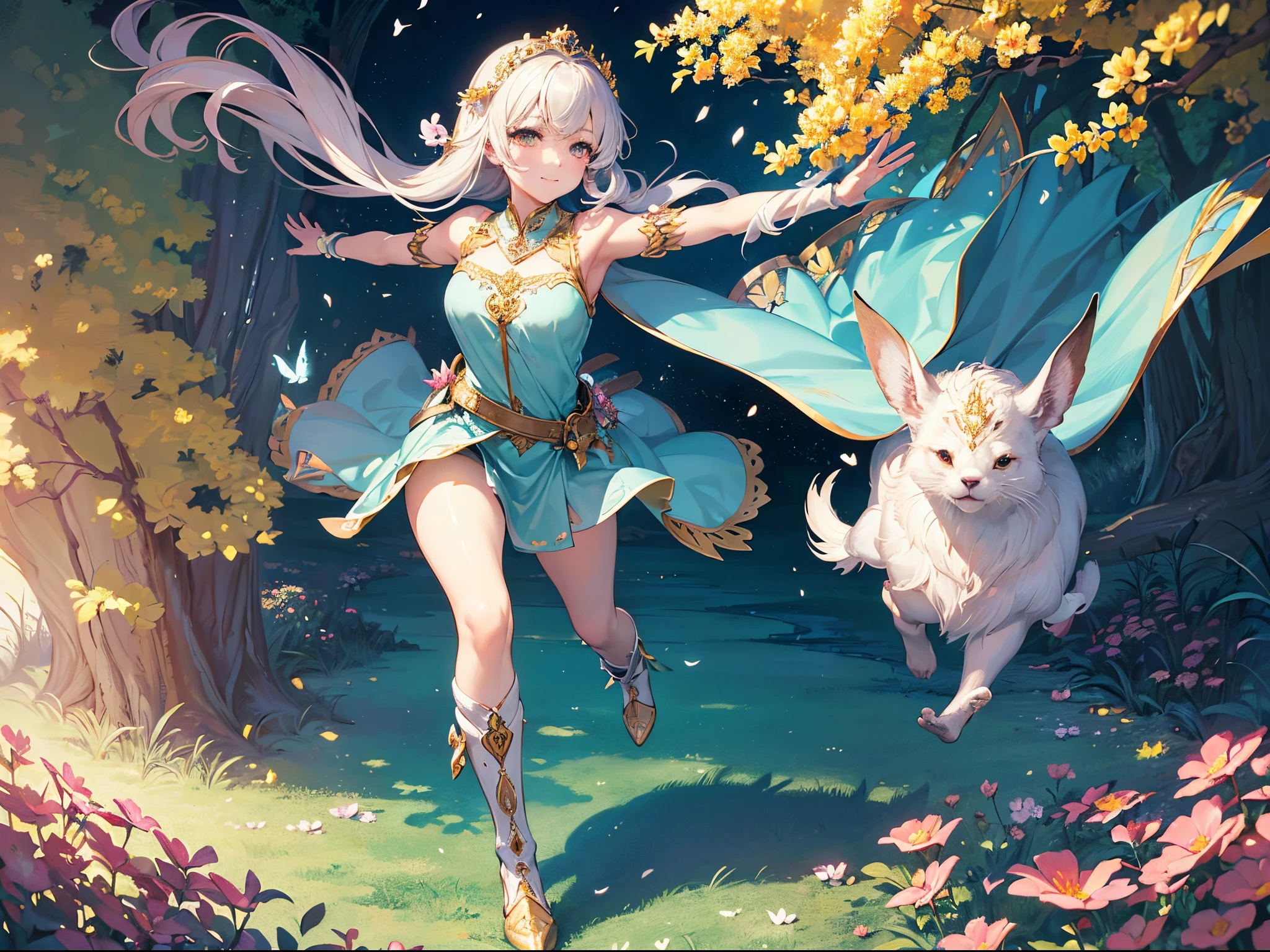 ((Finest quality)),(超A high resolution),(ultra-detailliert),(Meticulous portrayal),((Best Anime)),(Finest works of art),Ultra-Precision Art,The art of astounding depiction,Overwhelming depiction:1.5,(Fantasyart:1.5), ((One Pretty Goddess:1.5),(Soft smile:1.6),(running with arms outstretched:1.5), Meadow glow:1.4, Wind blowing through:1.1, Soft sunlight:1.5, colorful flower, butterflys々,birdie