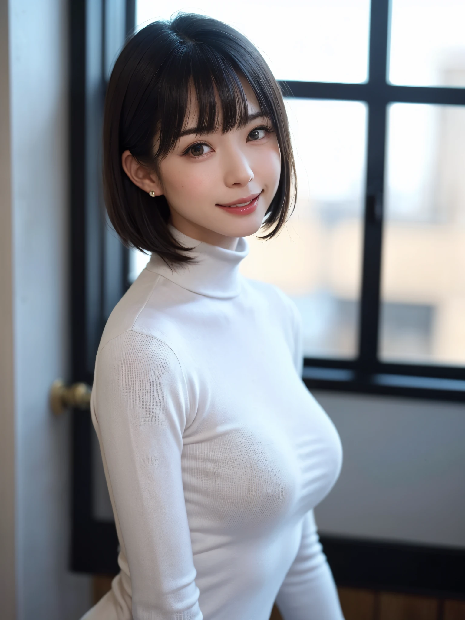(masutepiece, top-quality、Very attractive adult beauty、Add intense highlights to the eyes、Look firmly at the camera:1.4、Beautiful woman full of adult charm、Ideal ratio body proportions、Perfect Anatomy、Brunette Short Bob Hair、Lustrous hair、lipgloss),1girl in, 独奏, Light brown shiny hair, muffler,realisitic, looking at the viewers、Tilt your head slightly, Bright colored crystal light blue eyes, short shiny hair、 White turtleneck outfit with a hole in the center of the chest,Sexy white turtleneck knit sweater with a round hole in the middle of the chest、 s lips, lipgloss,bangss, The upper part of the body、big eye、Lashes、The face is a little red、Embarrassing)、((Road system in Italy in winter))、((Shorthair with bangs、big eye、Put very strong highlights in your students、{Gigantic|Big|Huge|Mega} breasts:1.4、very Bigger breasts、gazing at viewer、Very beautiful beauty、Put your ears out、long neck、little smiling、Beautiful teeth、Open your mouth and smile、Heart-shaped pupil))、28 year old、Very cute supermodel、