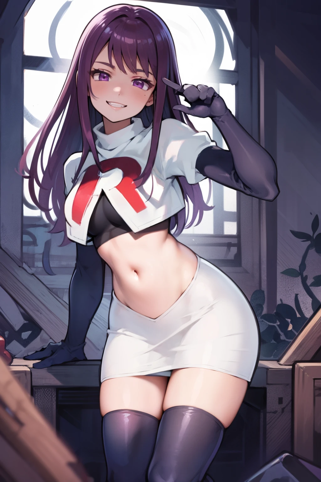 ivy fe purple eyes, purple hair, team rocket uniform, red letter R, white skirt,white crop top,black thigh-high boots, black elbow gloves, smile, show teeth, looking at viewer, cowboy shot, sexy pose , night sky background