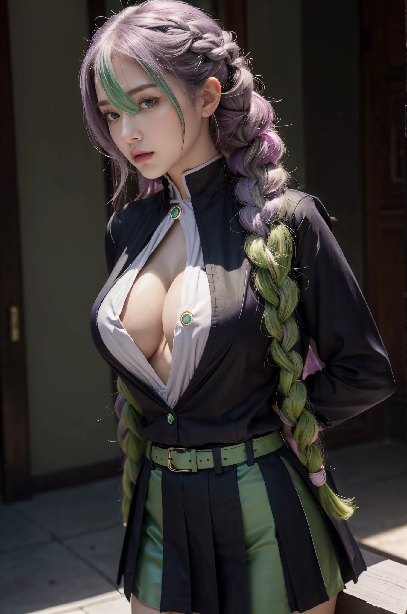 (Numerous award-winning masterpieces, with incredible details), ((Extremely beautifull face)), (extremely detailed realistic face features), (beutiful purple grey eyes), ((finely detailed true circle Symmetrical purple grey eyes)), (She has a meloncholic face), (A majestic sight), long braided pink hair that faids to green colored, (big breasts: 1.8), anatomic, small wraist with big hips, realistic skin texture, realistic breasts, pale skin, perfect body