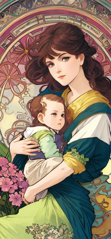 Masterpiece, best quality, high quality, very detailed CG unified 8k wallpaper, beautiful landscape painting, award-winning photography, bokeh, depth of field, HDR, flowers, color difference, realism, very detailed, art station trend, CGSociety trend, intricate, high detail, drama, mid-journey art and masterpiece, cartoon image of a woman holding a child in her arms. Behind the woman is the earth. The colors are uniform, the tone is uniform, and the overall atmosphere is high-end. Poster art is inspired by Alphonse Mucha, pixiv, nouveau, animation Nouveau, mucha style 4K, alphonse mucha style, demura and alphonse mucha style, flat shading mucha.