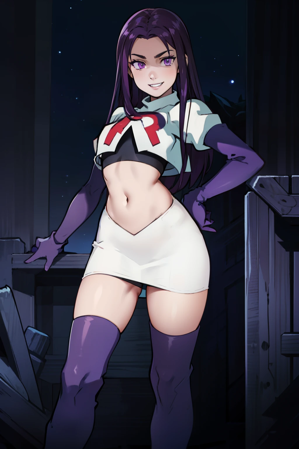 ivy fe purple eyes, purple hair, team rocket uniform, red letter R, white skirt,white crop top,black thigh-high boots, black elbow gloves, smile, show teeth, looking at viewer, cowboy shot, sexy pose , night sky background