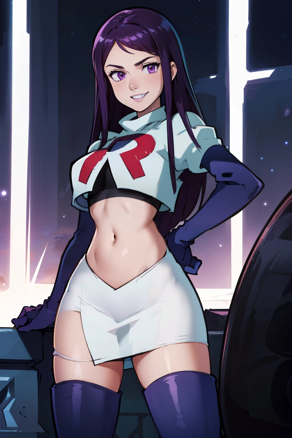 ivy fe purple eyes, purple hair, team rocket uniform, red letter R, white skirt,white crop top,black thigh-high boots, black elbow gloves, smile, show teeth, looking at viewer, cowboy shot, sexy pose , night sky background