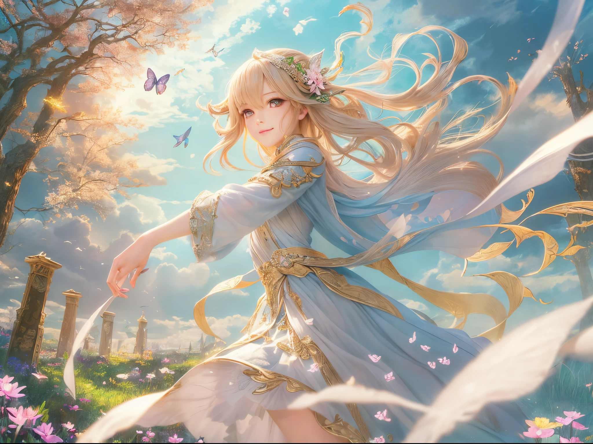 ((Finest quality)),(超A high resolution),(ultra-detailliert),(Meticulous portrayal),((Best Anime)),(Finest works of art),Ultra-Precision Art,The art of astounding depiction,Overwhelming depiction:1.5,(Fantasyart:1.5), ((One Pretty Goddess:1.5),(Soft smile:1.6),(running with arms outstretched:1.1), Meadow glow:1.4, Wind blowing through:1.1, Soft sunlight:1.5, colorful flower, butterflys々,birdie