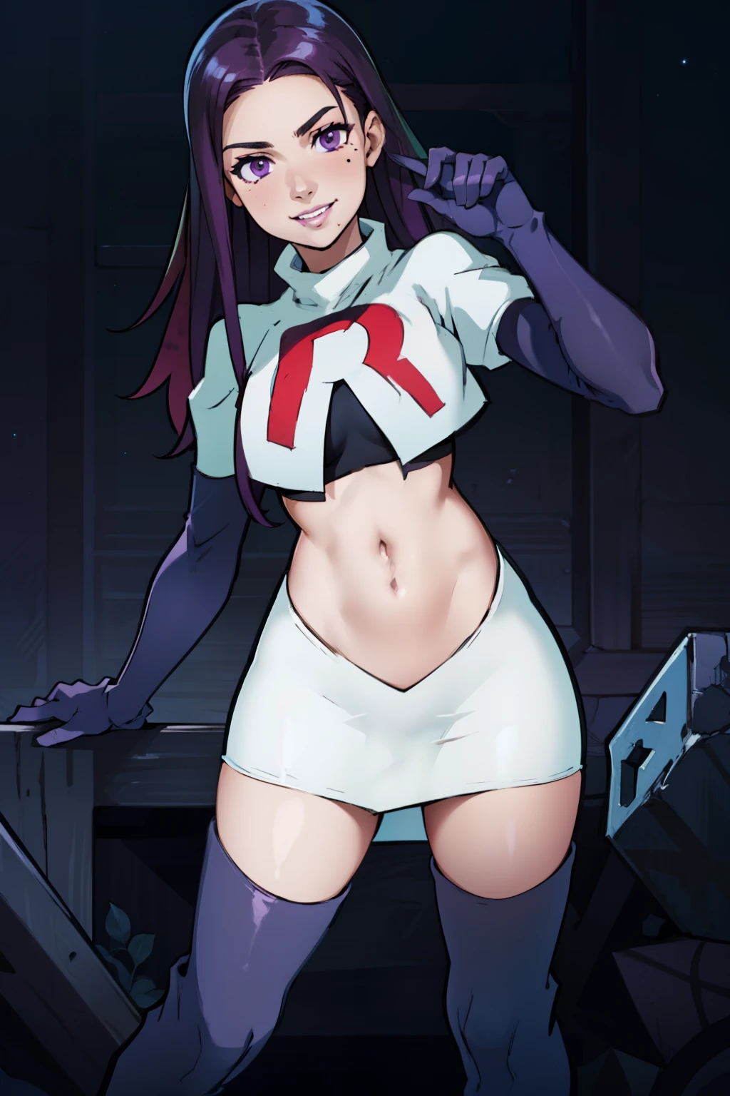 (Masterpiece), Best Quality, ultra-detailed, 1girl (jessie pokemon, Big and pretty breasts,  naked body, hair slicked back, long hair,purple hair,closed eyes ), a pained face, open mouth(Screams), head tilt, nose blush, blush, solo, nude,  torn_clothes, 
team rocket ,team rocket uniform ,white skirt,crop top, torn_clothes,thighhighs,elbow gloves, torn clothes, breasts, nipples, navel,  wet clothes,  wet body(water),  in the cave, kabedon pov, kabedon against wall, standing , , spread legs, 1boy, sex, hetero, kabedon sex, sex from front, pussy, penis, cumdrip from her pussy, top view 