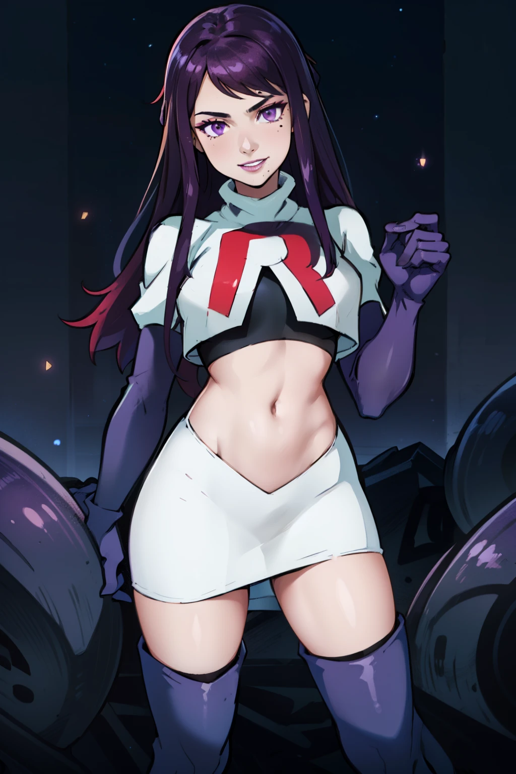 ivy fe purple eyes, purple hair, mole, lips, makeup, mask, mole under mouth,  team rocket uniform, red letter R, white skirt,white crop top,black thigh-high boots, black elbow gloves, smile, show teeth, looking at viewer, cowboy shot, sexy pose, night sky background