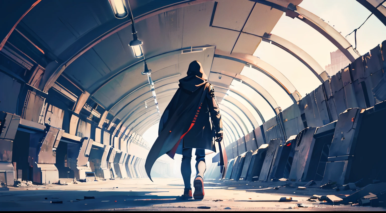 underground, ruins, ai core, laboratory, darkness, man, cape, hood, (no face) , back view, (full body), robot