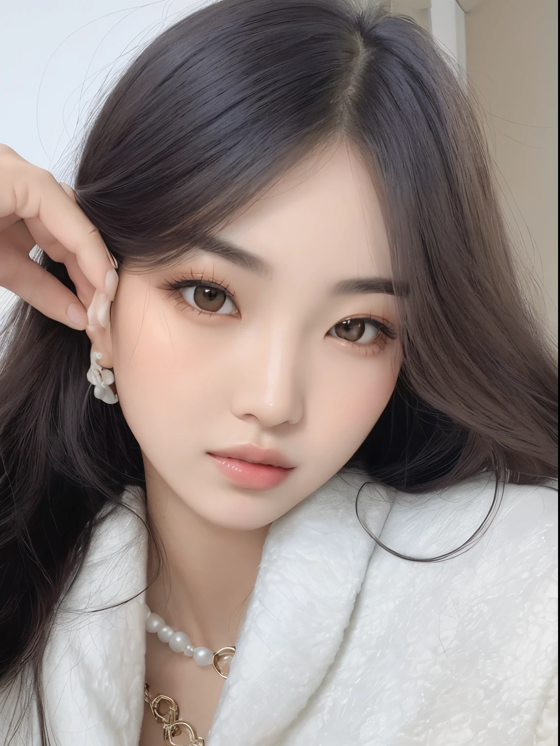 um close up de uma mulher com cabelos longos vestindo um manto branco, Ulzzang, young adorable korean face, wan adorable korean face, Jinyoung Canela, Jaeyeon Nam, maquiagem sul-coreana popular, beautiful aesthetic face, lindo rosto delicado, menina coreana, com olhos bonitos, maquiagem coreana popular, Mulher sul-coreana bonita, linda mulher coreana jovem, korean face features