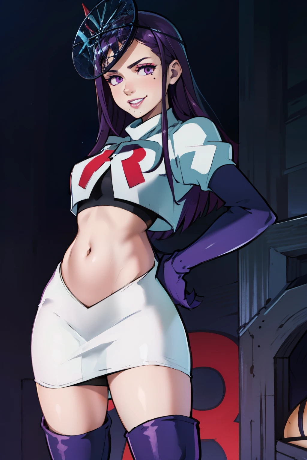 ivy fe purple eyes, purple hair, mole, lips, makeup, mask, mole under mouth, team rocket uniform, red letter R, white skirt,white crop top,black thigh-high boots, black elbow gloves, smile, show teeth, looking at viewer, cowboy shot, sexy pose, night sky background