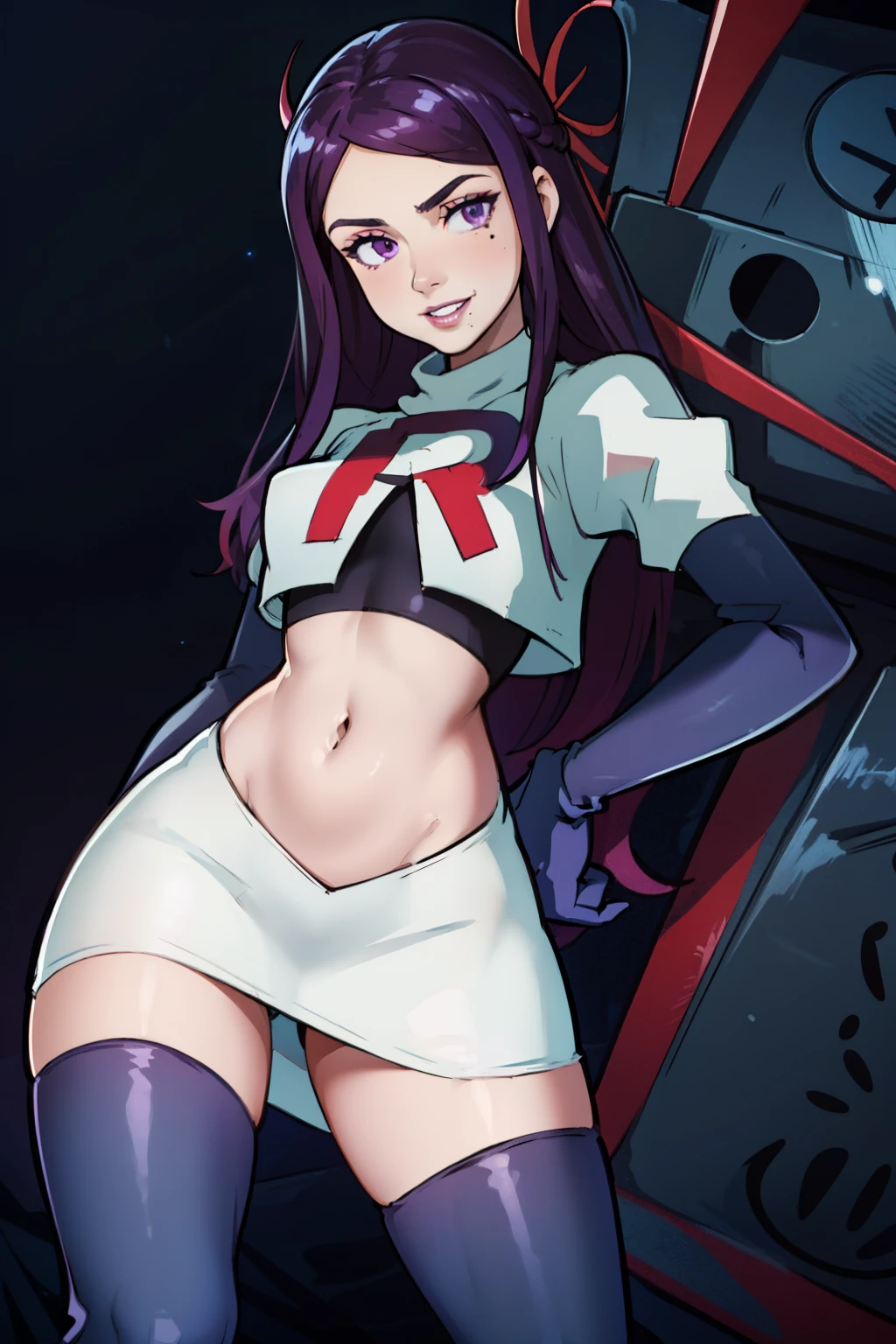 ivy fe purple eyes, purple hair, mole, lips, makeup, mask, mole under mouth, team rocket uniform, red letter R, white skirt,white crop top,black thigh-high boots, black elbow gloves, smile, show teeth, looking at viewer, cowboy shot, sexy pose, night sky background