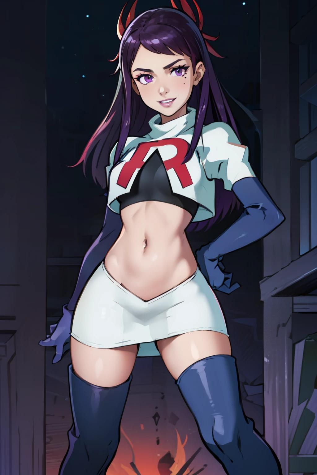 ivy fe purple eyes, purple hair, mole, lips, makeup, mask, mole under mouth, team rocket uniform, red letter R, white skirt,white crop top,black thigh-high boots, black elbow gloves, smile, show teeth, looking at viewer, cowboy shot, sexy pose, night sky background