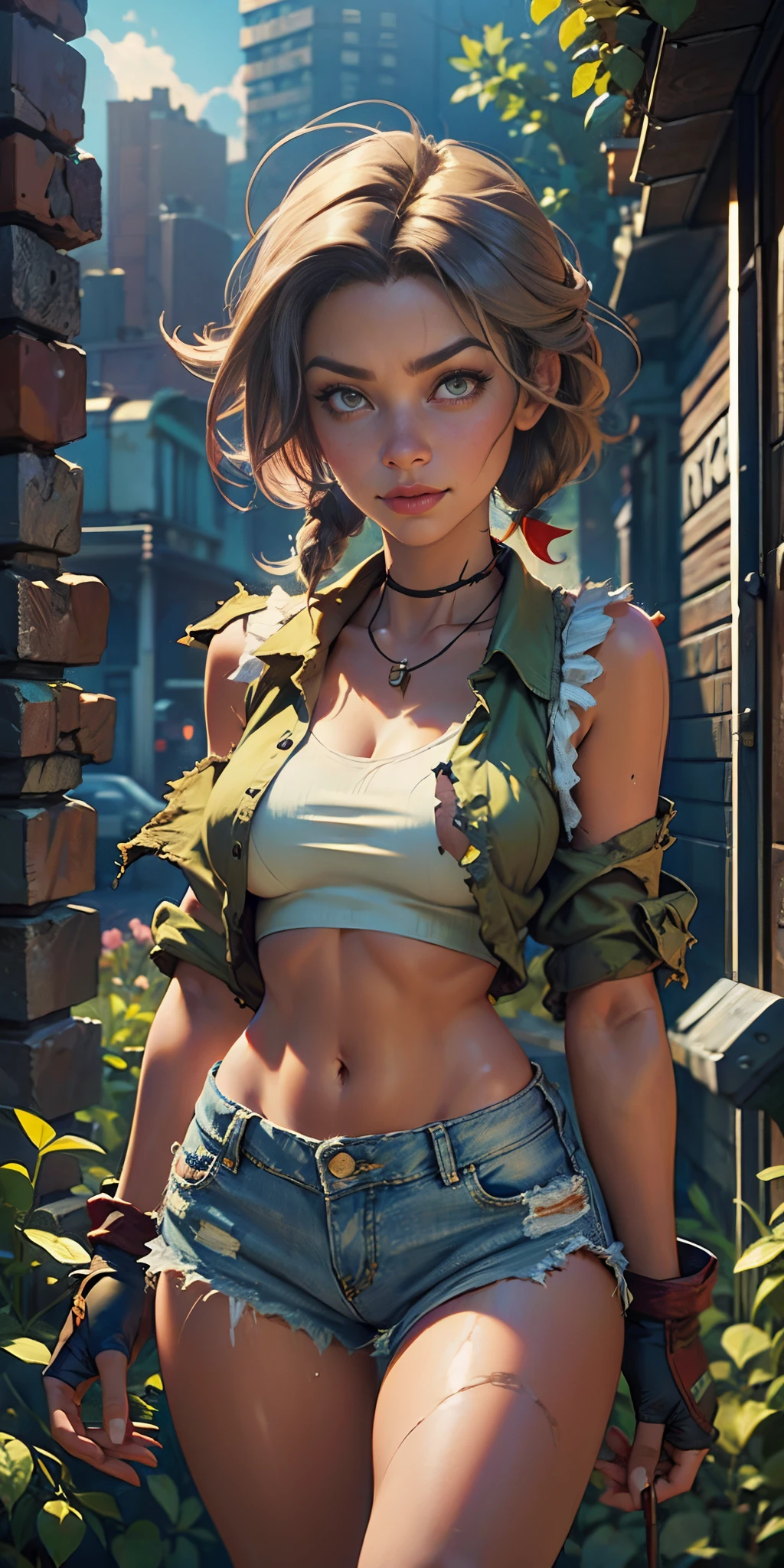 2076 year. N.uh. The Urban Ruins of the Wasteland, Female huntress picking fruit in the garden, beautiful face, torn shirt and denim shorts , long legs, sweating through, sun rising, Nice warm colors, head to toe full body shot