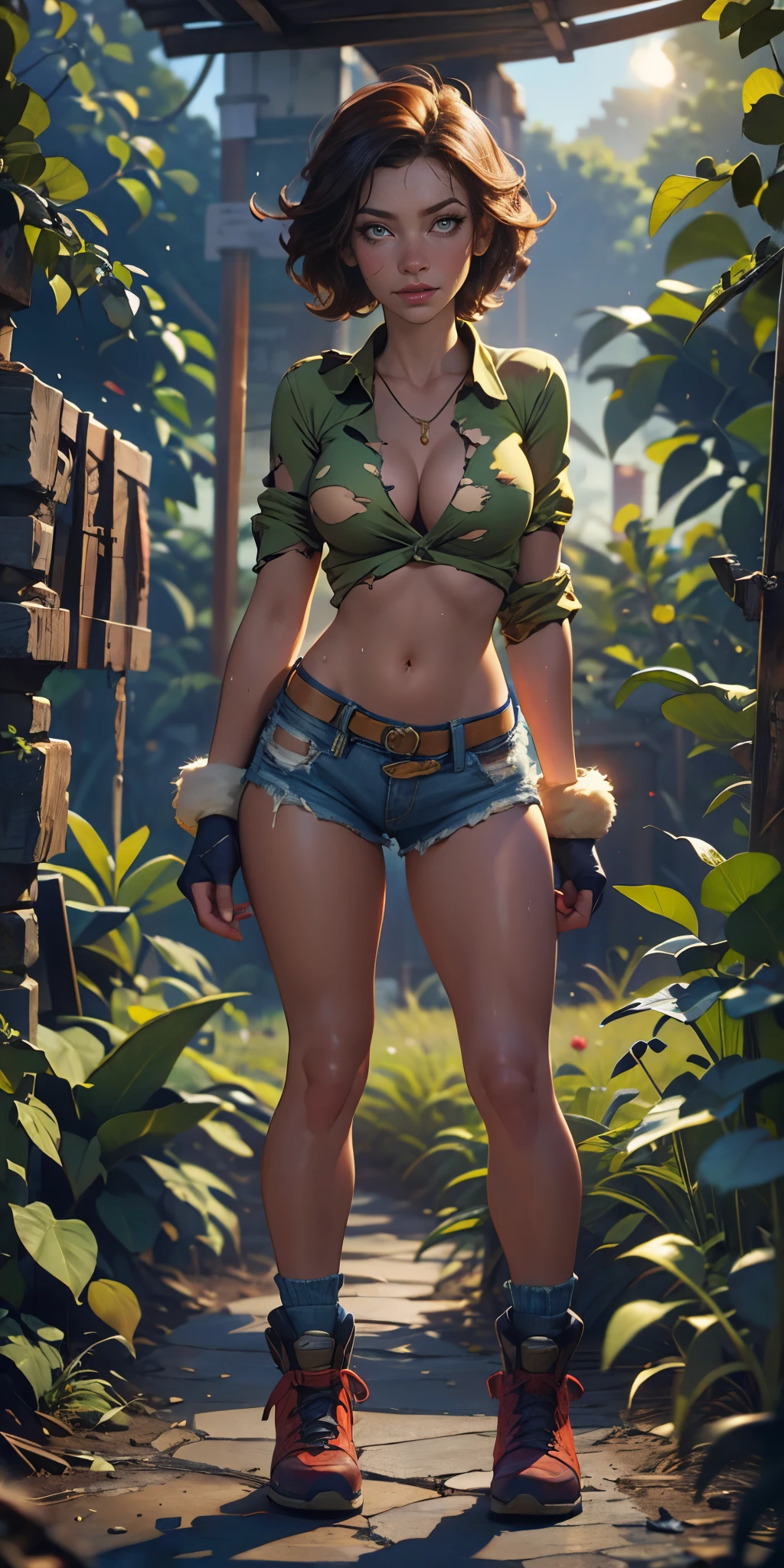 2076 year. N.uh. The Urban Ruins of the Wasteland, Female huntress picking fruit in the garden, beautiful face, torn shirt and denim shorts , long legs, sweating through, sun rising, Nice warm colors, head to toe full body shot