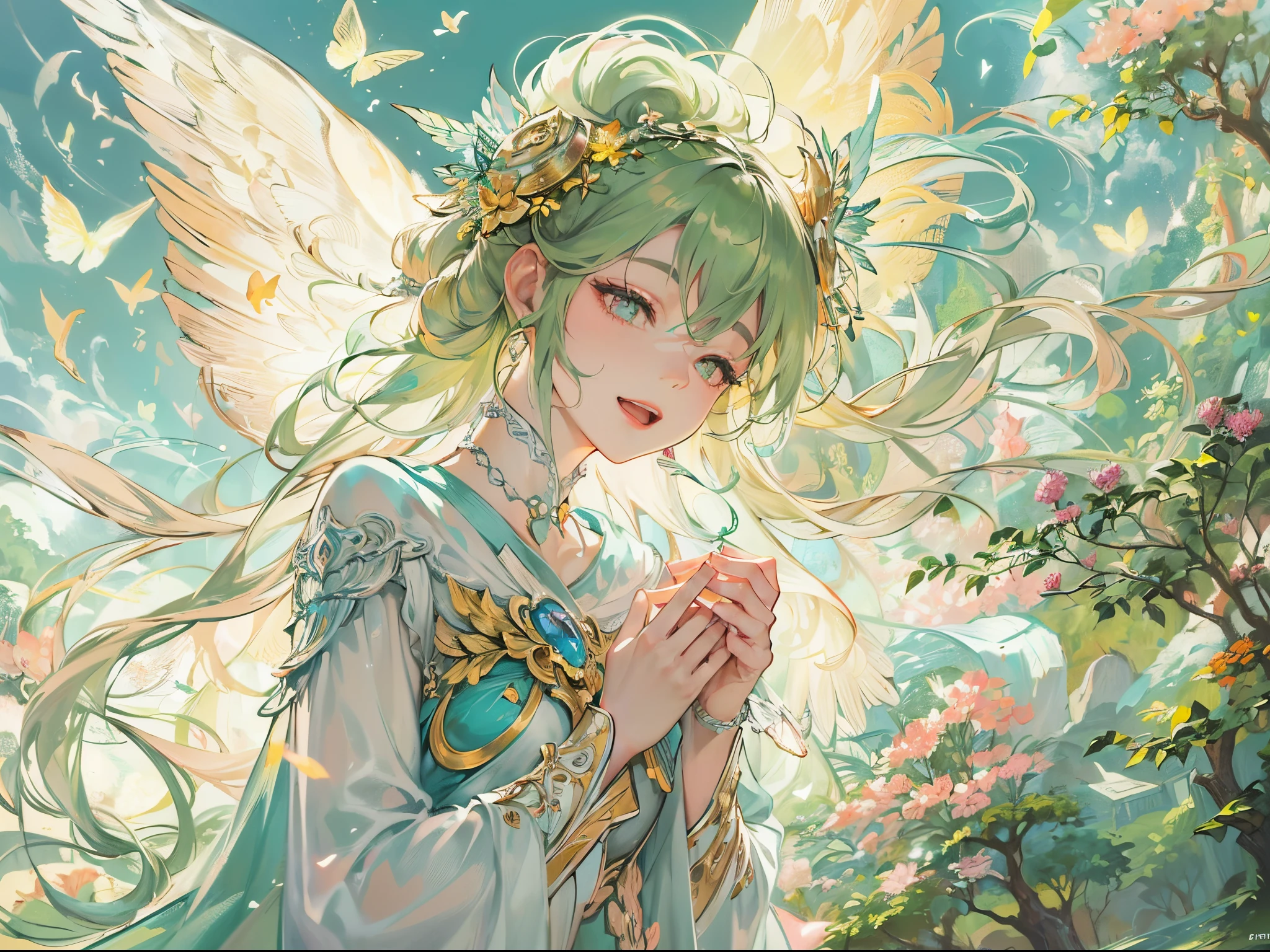 ((Finest quality)),(超A high resolution),(ultra-detailliert),(Meticulous portrayal),((Best Anime)),(Finest works of art),Ultra-Precision Art,The art of astounding depiction,Overwhelming depiction:1.5,(Fantasyart:1.5), ((One Pretty Goddess:1.5),(Soft smile:1.6),(Arms outstretched:1.1),(singing:1.6), Meadow glow:1.4, Wind blowing through:1.1, Soft sunlight:1.5, colorful flower, butterflys々,birdie