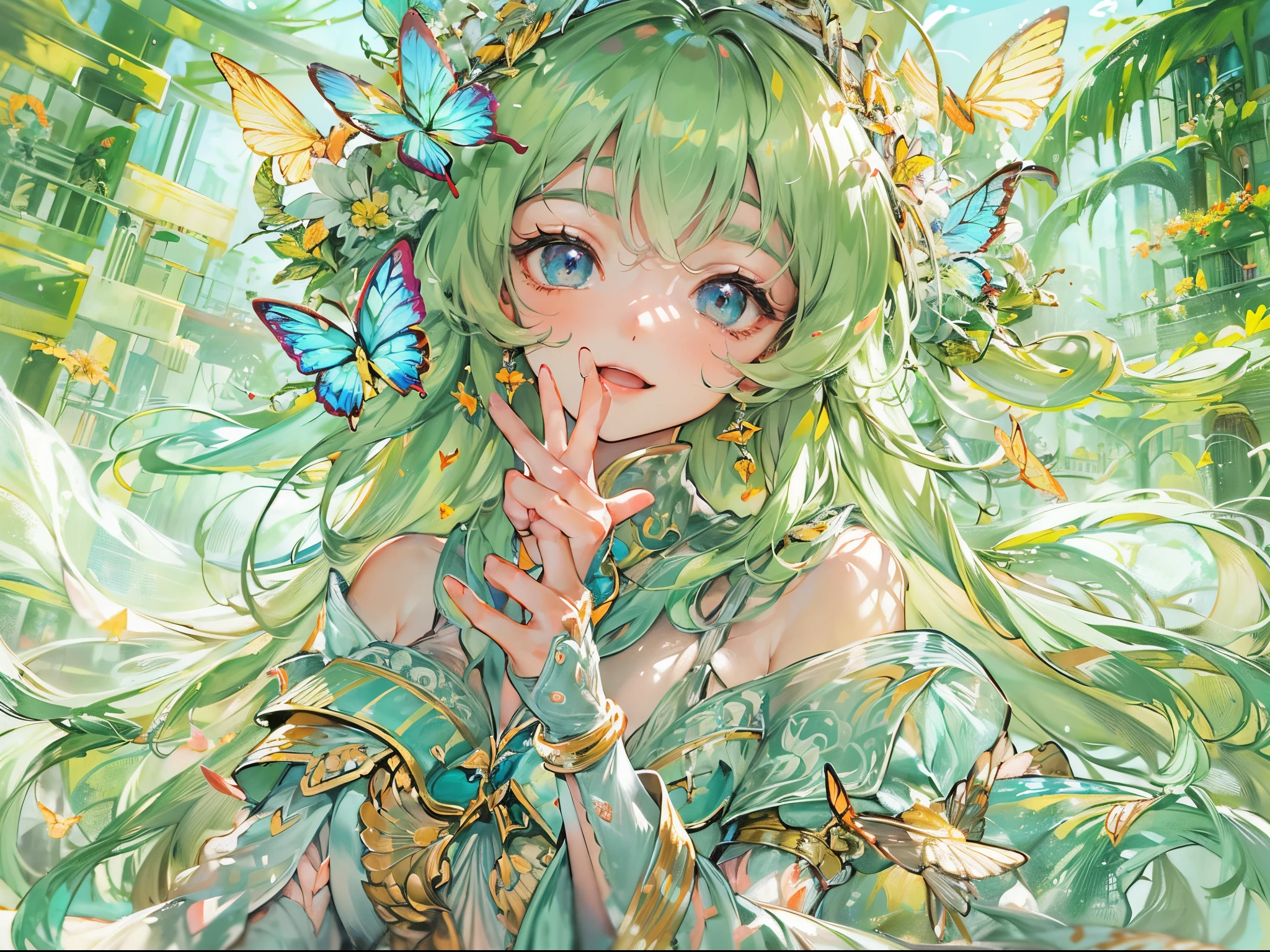 ((Finest quality)),(超A high resolution),(ultra-detailliert),(Meticulous portrayal),((Best Anime)),(Finest works of art),Ultra-Precision Art,The art of astounding depiction,Overwhelming depiction:1.5,(Fantasyart:1.5), ((One Pretty Goddess:1.5),(Soft smile:1.6),(Arms outstretched:1.1),(singing:1.6), Meadow glow:1.4, Wind blowing through:1.1, Soft sunlight:1.5, colorful flower, butterflys々,birdie