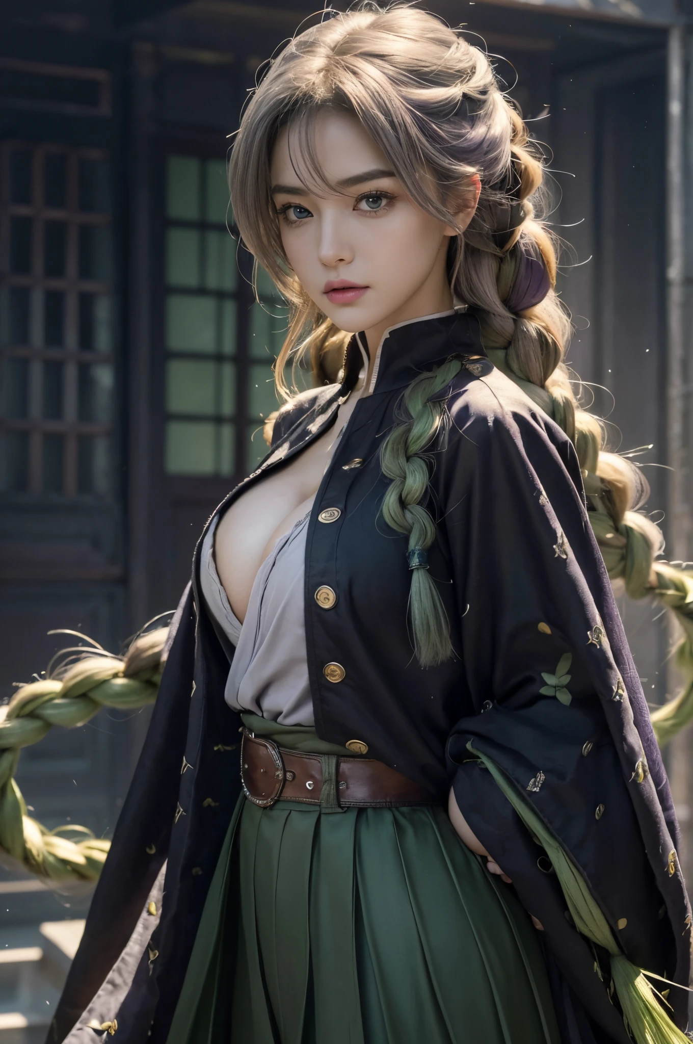 (Numerous award-winning masterpieces, with incredible details), ((Extremely beautifull face)), (extremely detailed realistic face features), (beutiful purple grey eyes), ((finely detailed true circle Symmetrical purple grey eyes)), (She has a meloncholic face), (A majestic sight), long braided pink hair that faids to green colored, (big breasts: 1.8), anatomic, small wraist with big hips, realistic skin texture, realistic breasts, pale skin, perfect body
