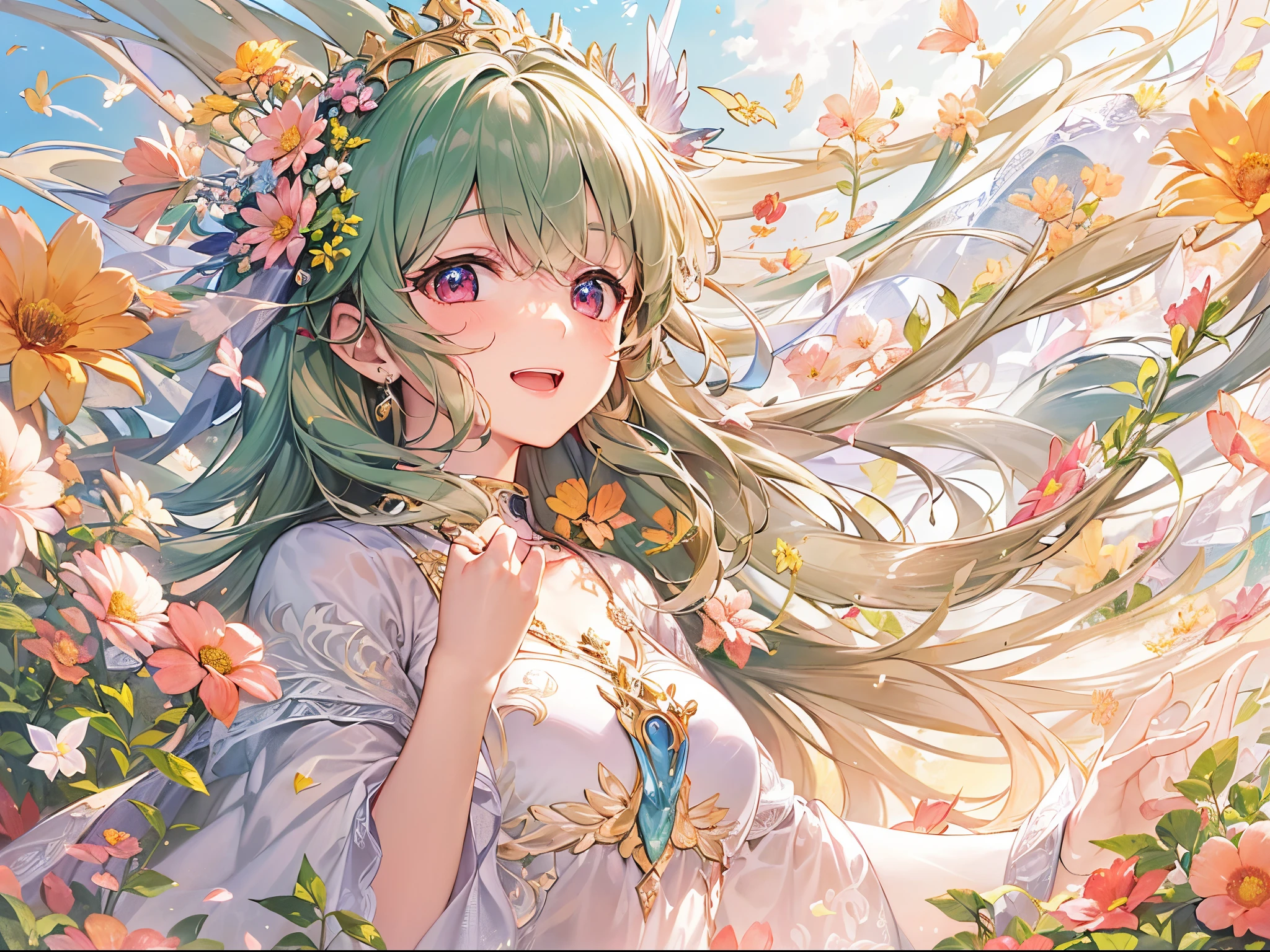 ((Finest quality)),(超A high resolution),(ultra-detailliert),(Meticulous portrayal),((Best Anime)),(Finest works of art),Ultra-Precision Art,The art of astounding depiction,Overwhelming depiction:1.5,(Fantasyart:1.5), ((One Pretty Goddess:1.5),(Soft smile:1.6),(Arms outstretched:1.1),(singing:1.6), Meadow glow:1.4, Wind blowing through:1.1, Soft sunlight:1.5, colorful flower, butterflys々,birdie