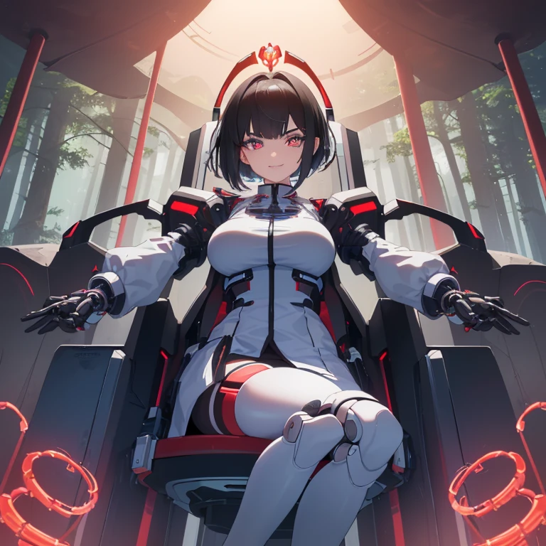 ((1 woman with transparent panties, white scientist coat)),((just a biomechanical brat)),((big breasts)),((in a forest)),((wet pussy, erect nipples)) ,((very large pubic hair)),((short black hair with a side ponytail, with very large bangs covering the face)),((one blue eye, one biomechanical red eye, with an evil smile)), ((sitting on a throne, in a futuristic room)),((sitting with legs open in the shape of an m, facing the viewer)),((red-hot robots matifying her body)),