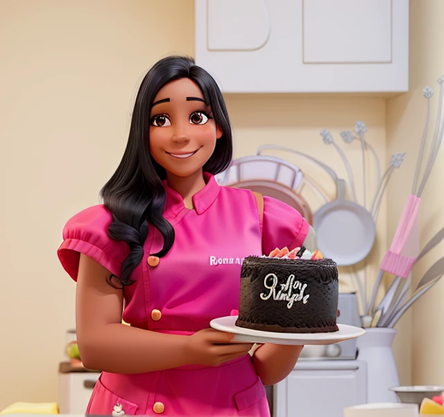 a smiling woman, with black hair and a Brazilian body, with a cake in her hand and wearing a pink chef's outfit. The setting is a bright, pink kitchen