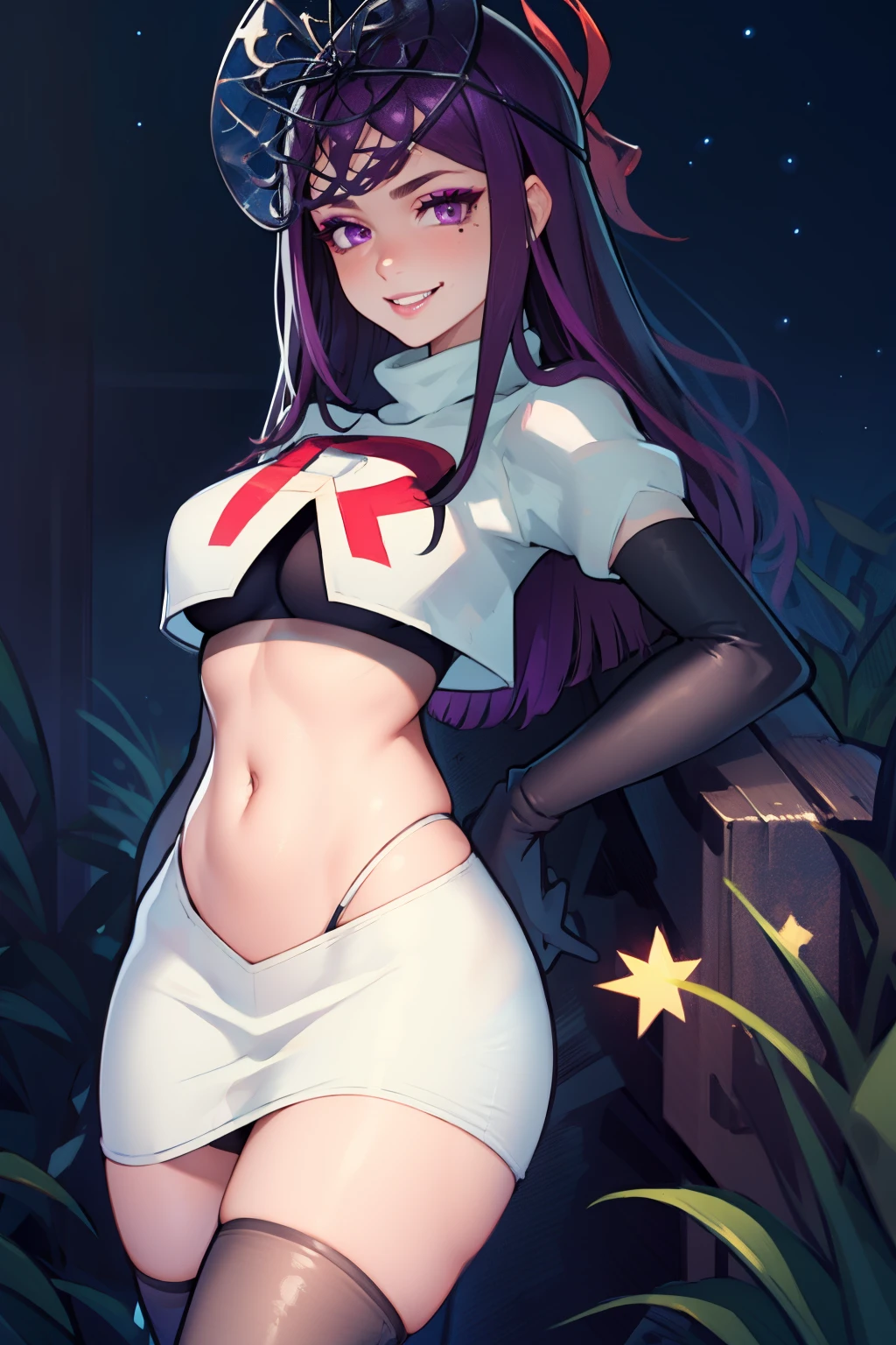 ivy fe purple eyes, purple hair, mole, lips, makeup, mole under mouth, team rocket uniform, red letter R, white skirt,white crop top,black thigh-high boots, black elbow gloves, smile, show teeth, looking at viewer, cowboy shot, sexy pose, night sky background