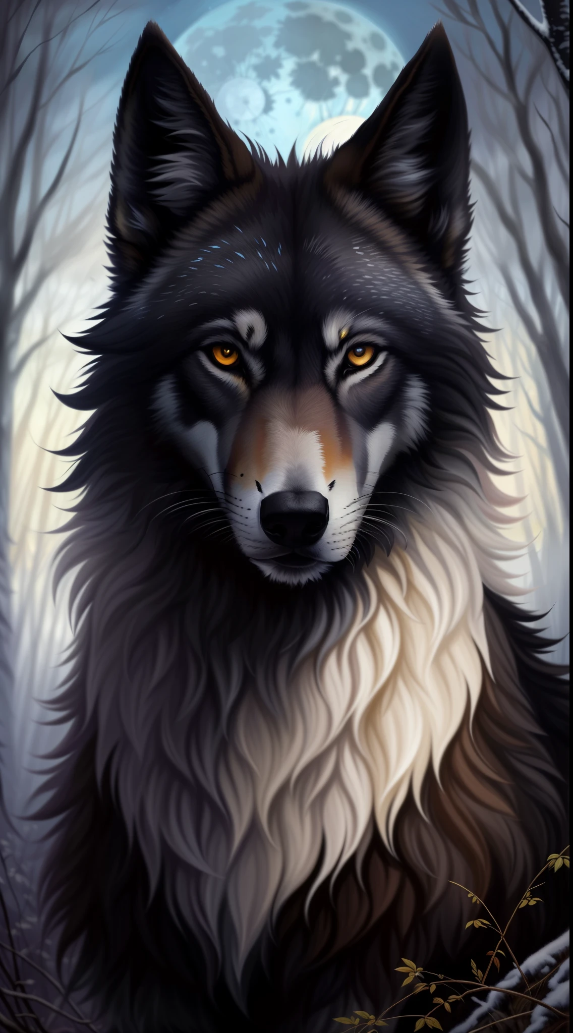 a painting of a wolf in the forest with a full moon behind him, retrato do lobo da fantasia, Ele tem olhos de lobo amarelos, retrato do lobo, foto de lobo, lobo cinzento escuro, Lobo cinzento escuro O'Donnell, Lobo Negro, Retrato de um lobo, lobo peludo, lobo, alto detalhamento), alpha wolf head, an anthropomorphic wolf, cara de lobo antro