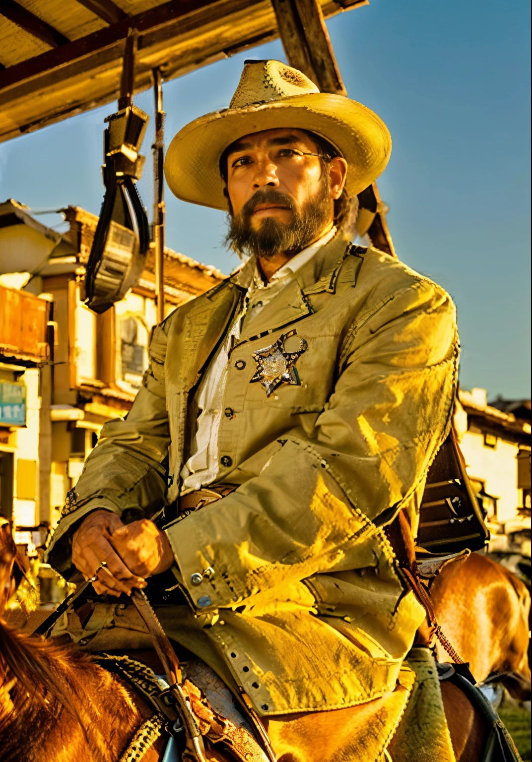 there is a man in a cowboy hat riding a horse, vestido como um xerife ocidental, an epic western, Velho Oeste, 4 k oeste selvagem, Cidade Velha do Oeste, Retrato de um ranger robusto, Velho Oeste, Pistoleiro ocidental, Cidade Ocidental, Em uma cidade do oeste selvagem, [ filme de faroeste ], retrato do cowboy, No Velho Oeste, Retrato de um cowboy, filme de faroeste