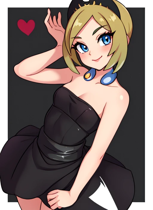 upperbody, 1girl, solo, pinup, detailed eyes, detailed face, looking at the viewer, highly detailed, beautiful, little black dress, black strapless dress, sexy, seductive, sultry, Smiling Irida \(pokemon\),