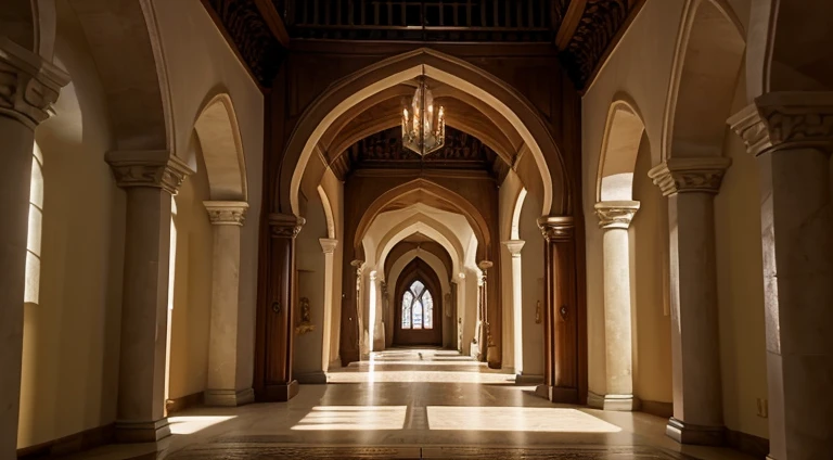 Interior of fantasy castle guild hallway, horizon view below center
