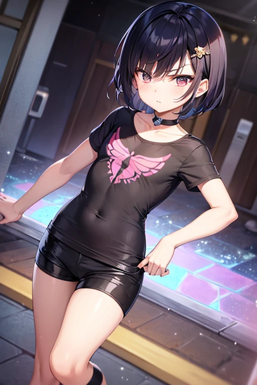1 girl, Anime style, Very short hair, boyish hairstyle, purple hair, black eyes, black lips, Orange , Orange одежда, black tie, blue skirt