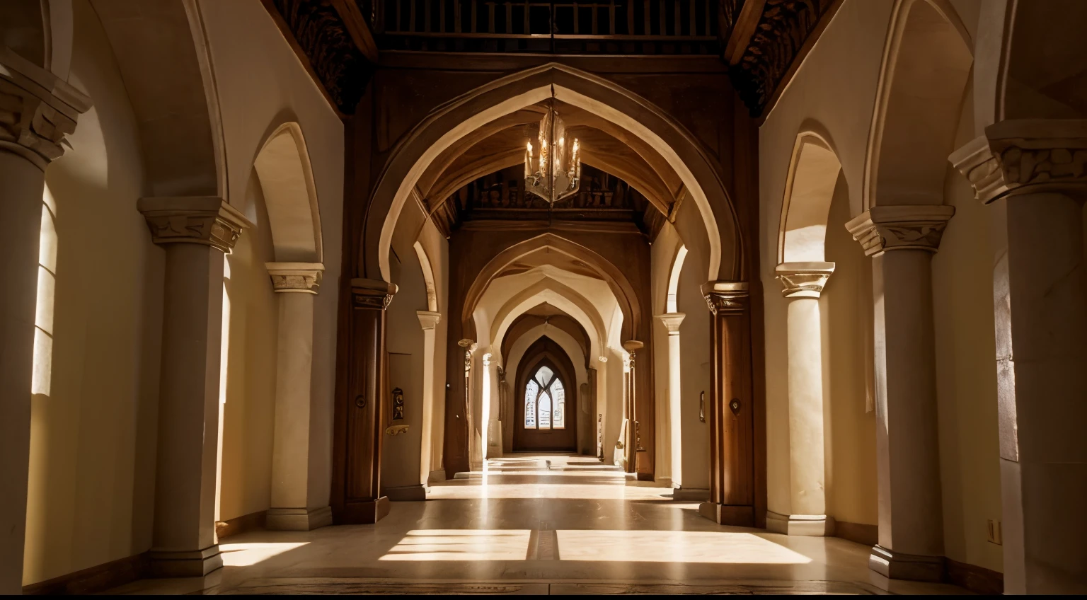 Interior of fantasy castle guild hallway, horizon view below center