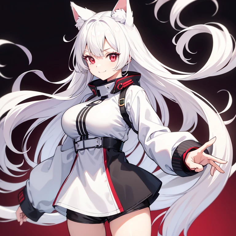 Anime, 1girl, Female anime character(1), white cat ears, white tail, long wavy white hair, white crop top, blue jacket, large breasts, black shorts, long black socks, maroon red eyes, standing, smiling, grey background, long eyelashes