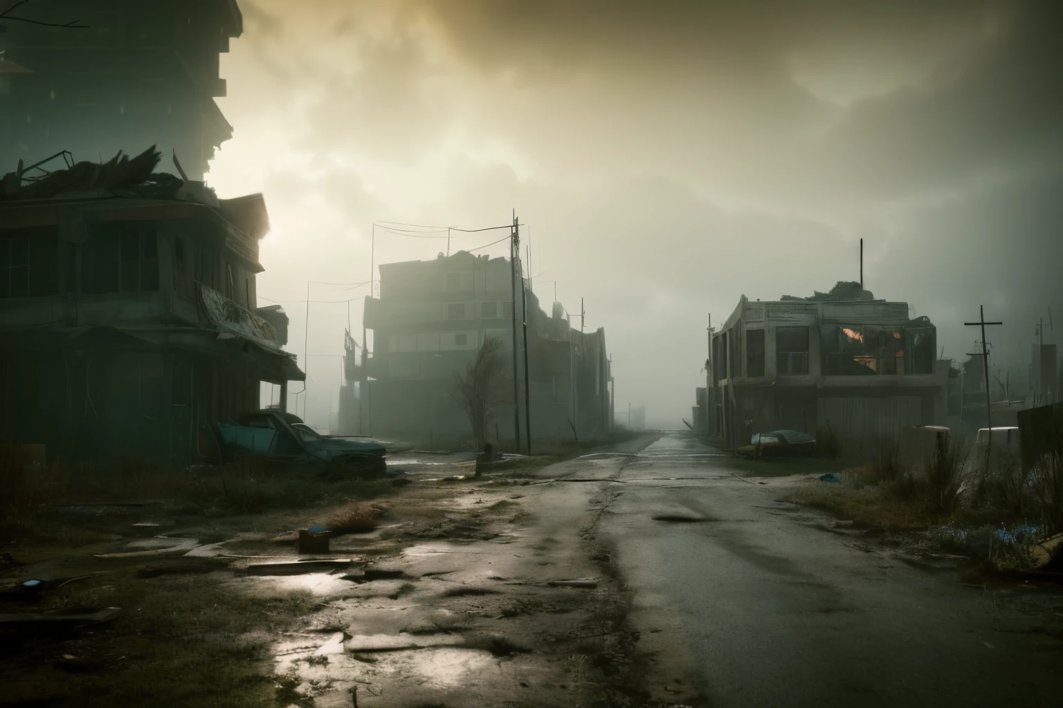 The survivor cautiously explores the abandoned city, observing the patterns and movements of the undead. in the midst of a post-apocalyptic scenery, dark fantasy, very detailed, a post apocalyptic cityscape, muted colors, hyperrealism, fog, dark atmosphere, hdr, rainy, intricate details, fallout style