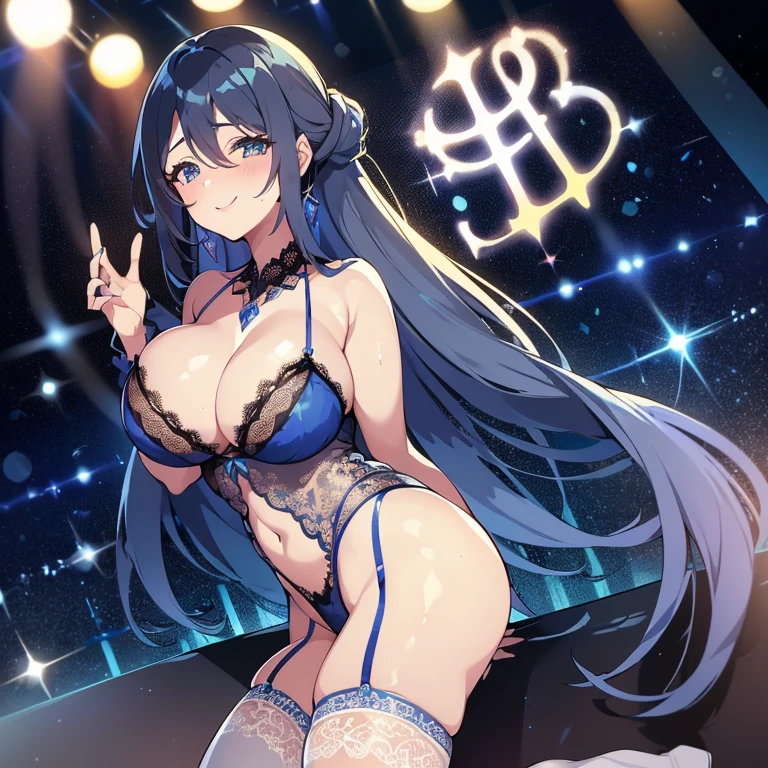 top-quality 8K 1a person ((30 years old beautiful mature woman)) ((Sheer blue lingerie suit with all-over lace)) On stage spot light ((Create a Y-shaped balance:1.0)) Bewitching smil