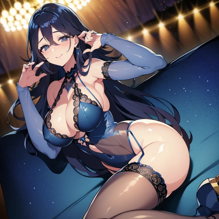 top-quality 8K 1a person ((30 years old beautiful mature woman)) ((Sheer blue lingerie suit with all-over lace)) On stage spot light ((Create a Y-shaped balance:1.0)) Bewitching smil