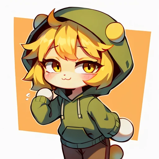 Yellow hair, Yellowish orange fur, green hoodie, brown pants, female, neco arc