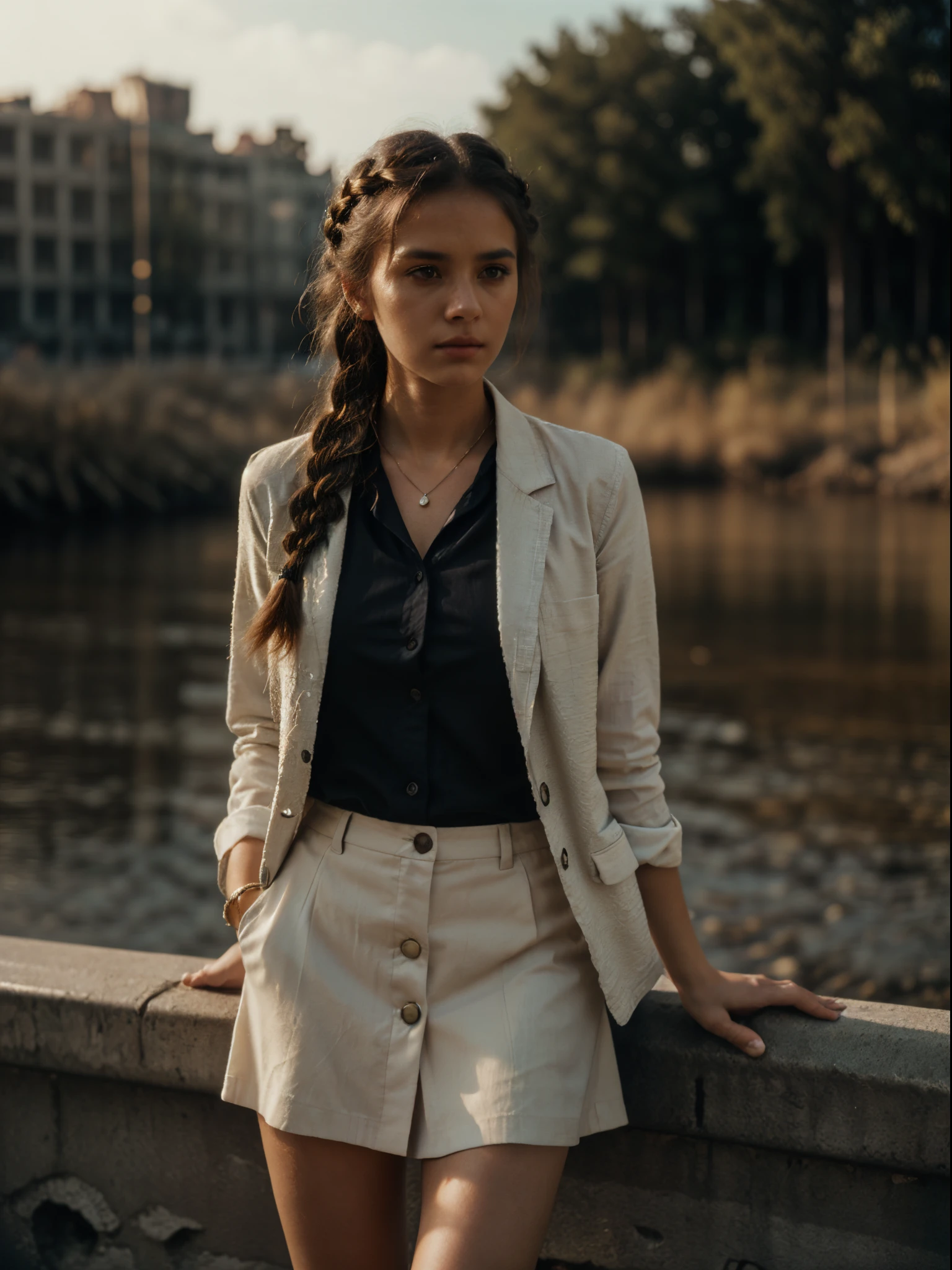 Beutiful German Girl, , (olive tan), beautiful (crown braid), detailed young face, light button-up shirt, unbuttoned blazer, black knee-length skirt, detailed hazel eyes, quiet look, stands on the Greek embankment, (by Lee Jeffries, Nikon D850, film stock photograph ,4 Kodak Portra 400 ,camera f1.6 lens ,saturated colors ,hyper realistic ,lifelike texture, dramatic  lighting , Cinestill 800, ultra quality:1.3, high detail:1.3), (full - body:1.0), (Business Style)