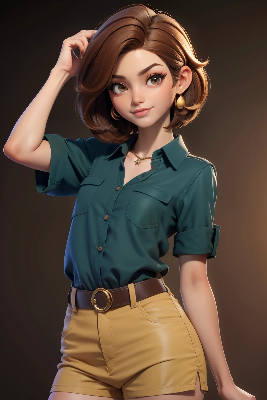 best quality, ..3D rendering work, ..3DMM style, Close-up, portrait, ....3d, 1girl, Only, black hair, teardrop earrings, looking at camera, front, realistic, upper body , WITH ARMS CROSSED, simple bottom, bangs, Looking away, long straight black hair, parted lips, Choker, makeup , Squishy, green polo shirt, green eyes, Tifa Lockhart, (small breasts: 1.1) REFERENCE: https://image9.cdn.seaart.ai/2023-08-04/52449297297477/c9e0706cffa353936c45f41fef45e6c4f2a12e7c.png