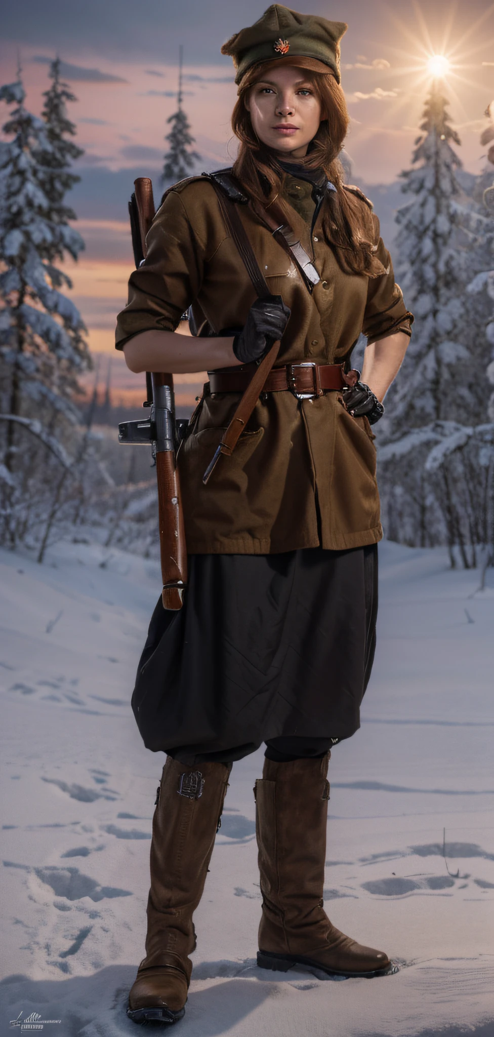 beautiful female Soviet soldier, Polish face, reddish brown hair, Russian winter hat, hands with gloves, brown uniform with dark red details, carries a machine gun, belt with ammunition and transmitter, military boots, is in a Polish forest, snowy day, red sky, 4k, ultra image detailed, realistic, Highly detailed, perfect composition, splendid, Intricately detailed, incredibly detailed, Art photography 8K, hyper detailed, Masterpiece, Ultra detailed, hyper realistic, 4k, Ultra detailed image, realistic, Highly detailed, perfect composition, gorgeous, Intricately detailed, incredibly detailed, 8K fine art photography, hyper detailed, masterpiece