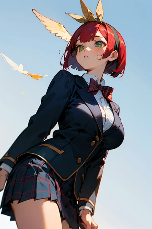 Red Short Bob,Green eyes,big breasts,Girl facing the front,Angle looking up from below,Black Blazer School Uniform,Bow tie on the chest,Hair band on the head,Fluttering skirt,Plaid skirt,The background is only a blue sky