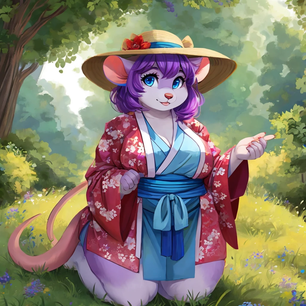 solo, mouse, anthro, female, purple fur, blue eyes, chubby, large thighs, wearing kimono, wearing sunhat, outdoors