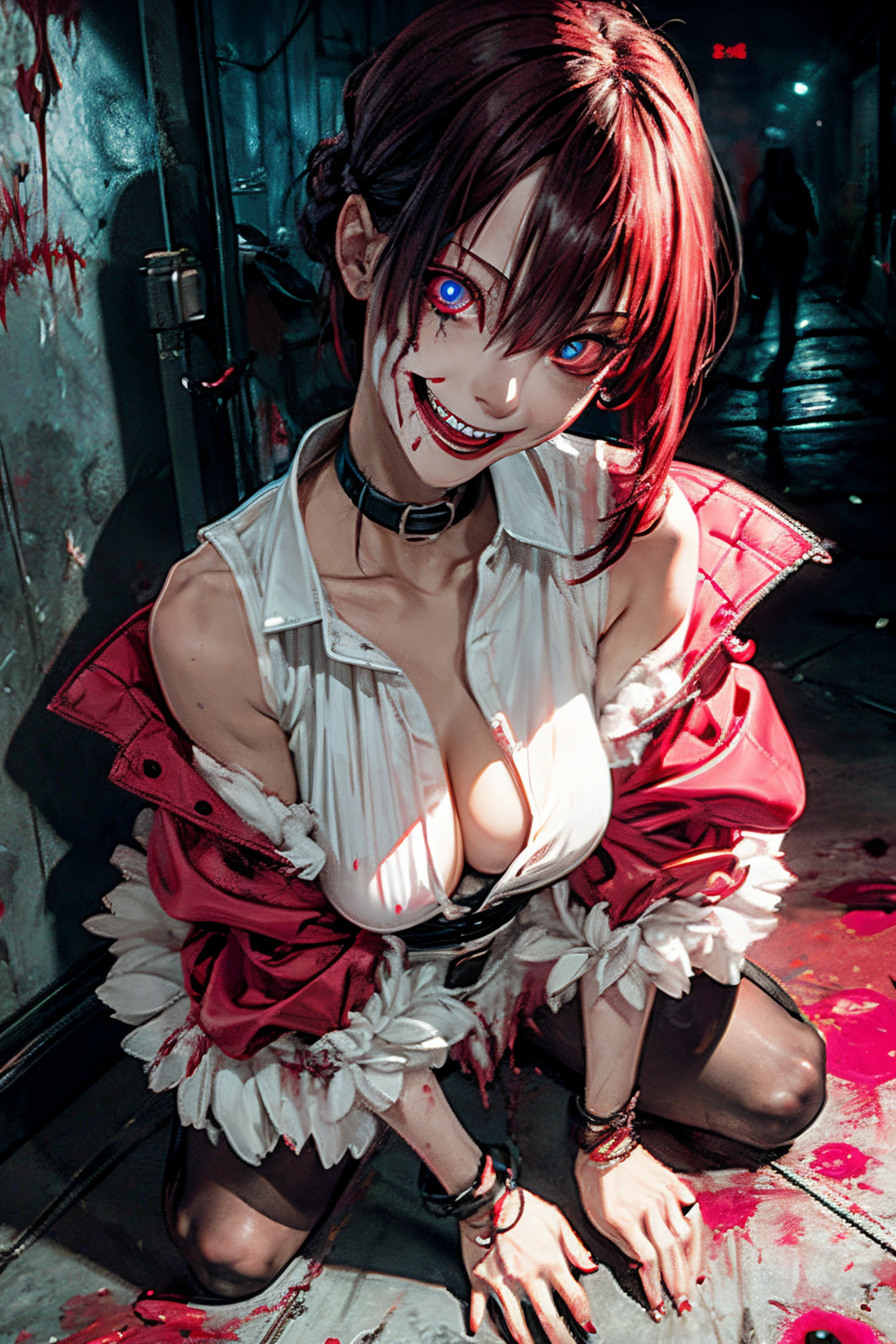 evil clown eating, blood on the walls and floors, darkness of the night, fog, neon lights, corpses everywhere, (macabre smile), full body:1.5, sexy:1.5