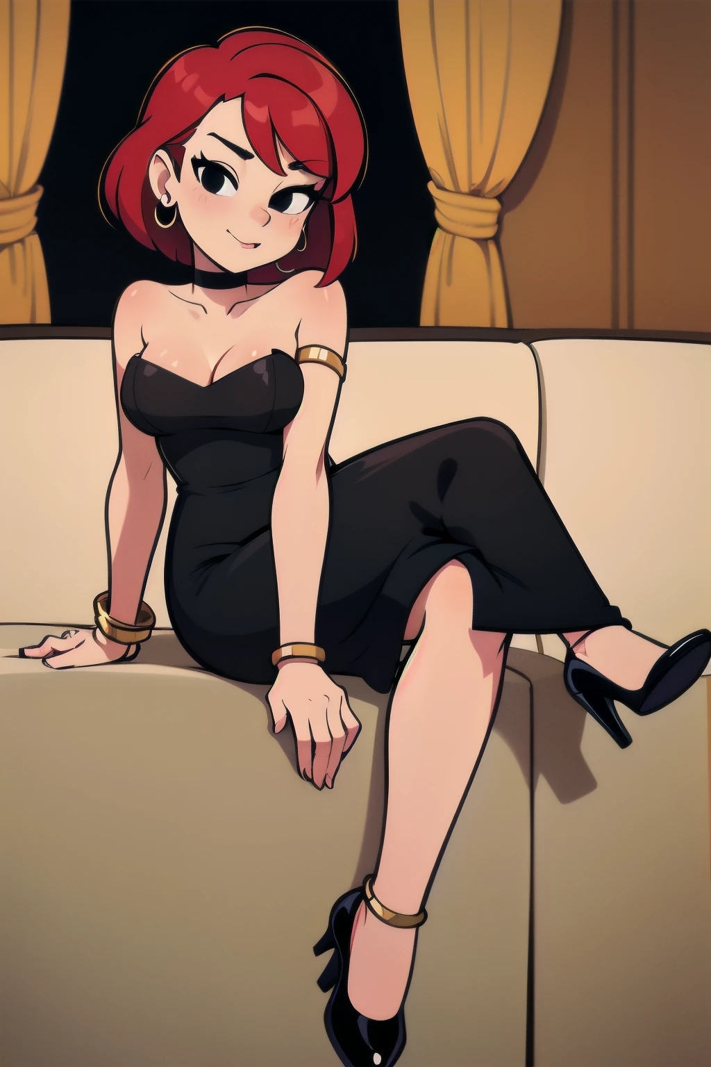 FrankieFoster, FostersStyle, 1 girl, teenage, short red hair, medium hair, bob hair, black eyes, little black dress, strapless dress, short bodycon dress, skin-tight dress, choker, gold hoop earrings, gold bracelet, black high heels, sitting on a chair, legs crossed, fancy hotel, sexy, seductive, sultry,